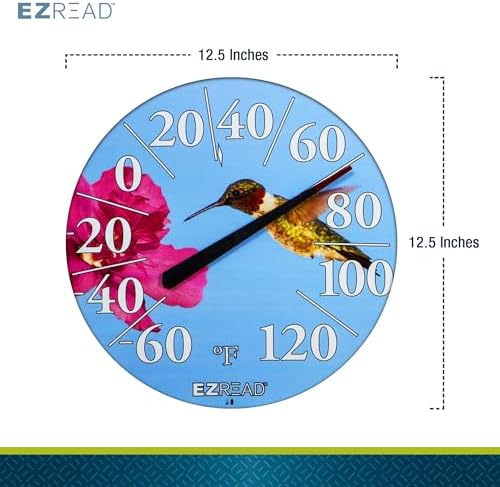 Headwind Consumer Products EZREAD Hanging Dial Thermometer - Weather Thermometers for Indoor and Outdoor Use, Large 12.5 Inch Diameter, Easy-to-Read Numbers, Hummingbird