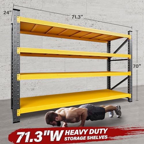 71.3" Wide Heavy Duty Garage Shelving Units,5000LBS Deep Storage Shelves,Yellow Metal Garage Shelves,Steel Shelf,Large Storage Rack,Industrial Shelving for Shop,Warehouse,Basement,71.3"W x 24"D x 70"H