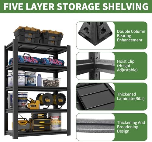Garage Shelving,72" H Garage Shelves Heavy Duty, 3000Lbs 5 Tier Adjustable Garage Storage Shelves Suitable for Warehouse, Basement, Workshop,Require Assembly, 24" D*48" W *72" H(Black)