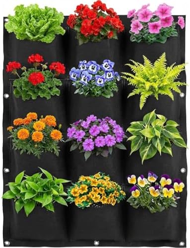 WFIST Vertical Hanging Planter Bag, Breathable Felt Wall Garden Planter with Metal Grommets, Indoor/Outdoor Space-Saving Herb & Flower Growing Pouch (12-Pocket)
