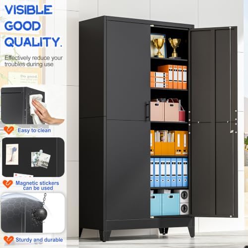 GAIOUS 79" Tall Metal Storage Cabinet with Lock,2 Door Steel Bookcase Black