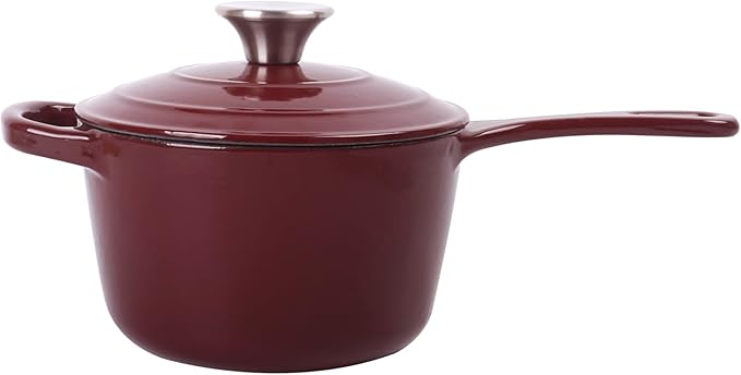 Commercial Grade, Cast Iron Enameled Cookware (Dark Red, Sauce Pan 1.75qt)