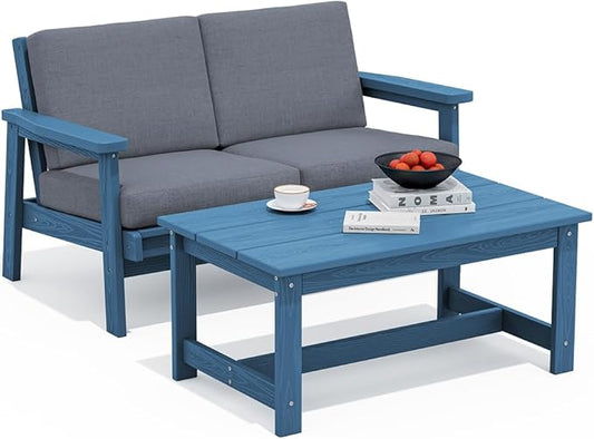 SERWALL Outdoor Loveseat, Blue Frame and Grey Cushion