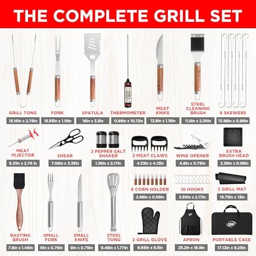 Kaluns 50PC BBQ Grill Tools Set – Heavy Duty Stainless Steel Grill Accessories Kit with Case, Apron, Hooks, Thermometer, Injector, Claws & Mats – Fathers Day Gift for Dad, Men