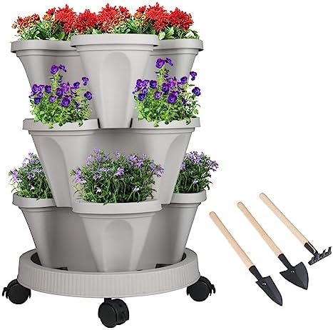 GameXcel Vertical Planter Tower - 3 Tier Stackable Garden Planters with Wheels and Tools Plant Pots for Strawberry Herb Flower and Vegetable Indoor Outdoor Use Gray
