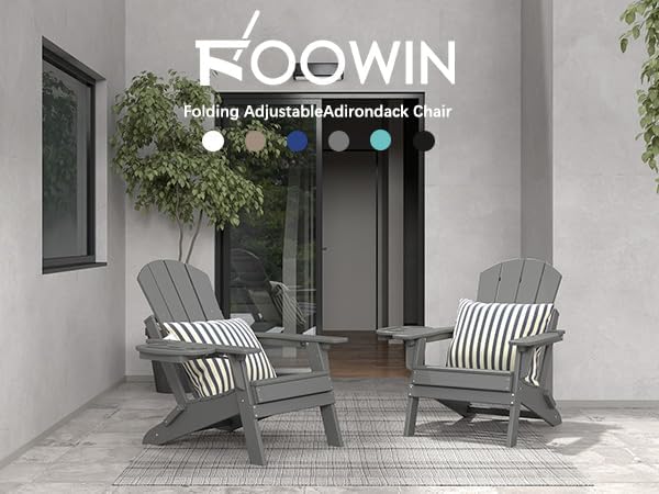 FOOWIN Folding Adjustable Adirondack Chair Set of 8,HDPE Adirondack Chair w/4 in 1 Cup Holder Trays,All-Weather Resistant Fire Pit Chair, Outdoor Chair for Patio Lawn Poolside,400lbs,Dark Grey
