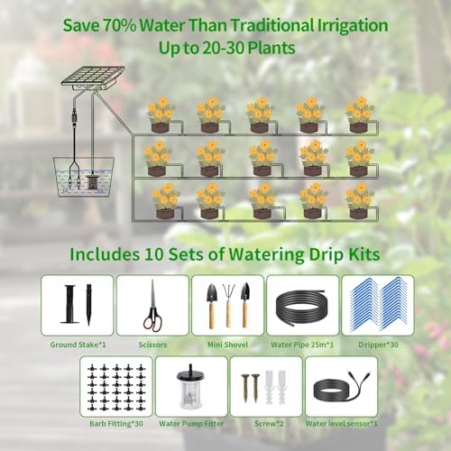 82FT Solar Drip Irrigation System Kit, Auto Watering for 30 Pots
