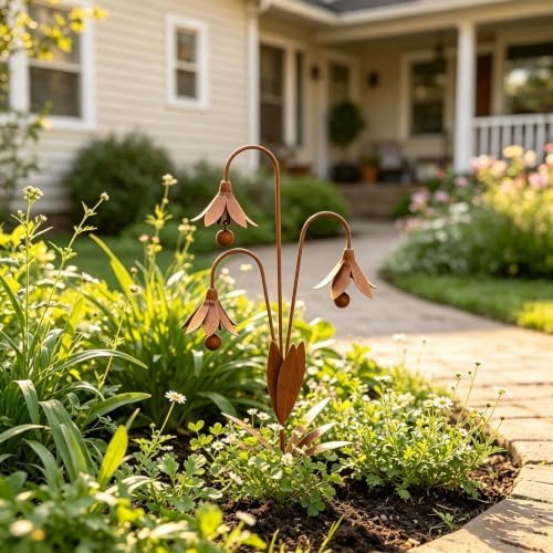 Triple Bluebells Garden Stake with Bell, Durable Metal Flower Outdoor Yard