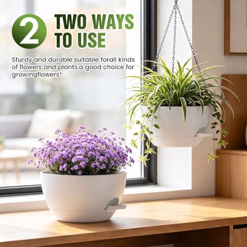 13 Inch Large Self Watering Hanging Planters 2 Pack with Saucers