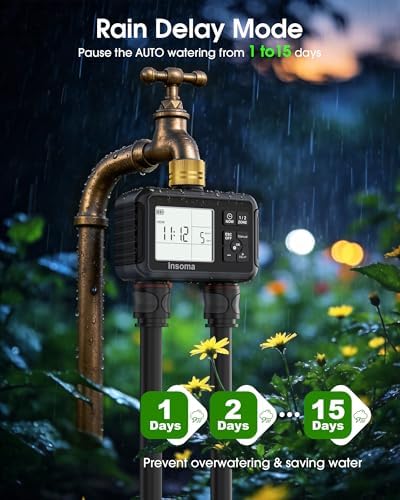 Insoma Water Timer with Brass Inlet & Outlet, 2 Independent Zones Outdoor Hose Timer for Garden Faucet with Auto/Manual/Rain Delay Mode, Sprinkler Irrigation Controller for Yard Lawn