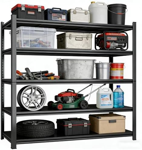 5Tier Storage Shelves Heavy Duty Adjustable Metal Garage Shelving Unit Rack Metal Storage Shelf Heavy Duty Shelf for Heavy Tools and Equipment, Ideal for Garage, Basement, Black