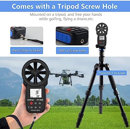 HoldPeak Handheld Anemometer Bluetooth, Digital Wind Speed Gauge Meter, Air Flow Velocity Temperature CFM Measuring Device for HVAC Outdoor Sailing Shooting Golf, 866B-APP