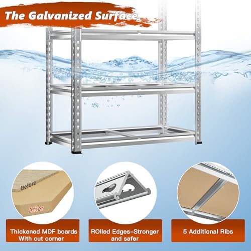 REIBII Garage Shelving, 5 Tier Storage Shelves Load 2400LBS, Adjustable Garage Shelving Heavy Duty, Metal Shelving Unit with Waterproof Columns, 35.5" W x 11.9" D x 72" H, Galvanized, 3 Pack