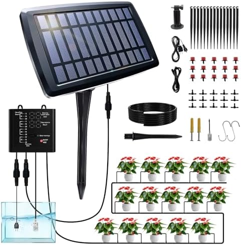 Solar Drip Irrigation System, Auto Watering Kit for 15 Pots, 49FT Hose, Low Water Alarm & Split Solar Panel, One-Button Timer, Self-Watering for Indoor Outdoor Garden Balcony Patio
