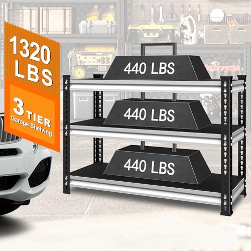 3-Tier Garage Shelving Heavy Duty,40''W x 18''D x 36''H Metal Shelving Unit,1320 lbs Weight Capacity Adjustable Storage Shelves for Retiple Tanks, Aquariums, Pantry,White
