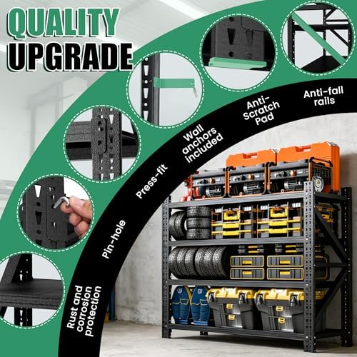 4-Tier Heavy Duty Garage Shelving,Industrial Shelving for Low Ceilings,Garage Storage Racks Heavy Duty Steel Shelves,Compact Metal Rack for Basements,Garages with Ductwork,Apartments