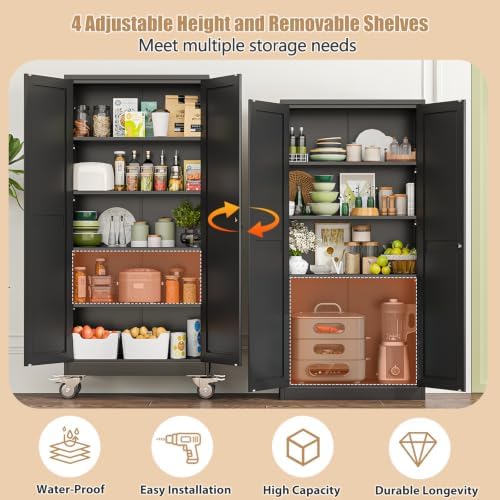 71" H Metal Pantry Storage Locker Cabinet with Wheels,Rolling Kitchen Pantry Cabinet with 2 Doors and 4 Adjustable Shelves, Lockable Steel Garage Tool Cabinet Organization for Home,Gym,School,Black