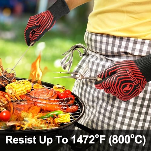 QUWIN BBQ Gloves, BBQ Accessories 1472℉ Extreme Heat Resistant, Grilling Gloves Silicone Non-Slip Oven Mitts, Kitchen Gloves for BBQ, Grilling, Cooking, Baking-1 Pair 11inch, Red