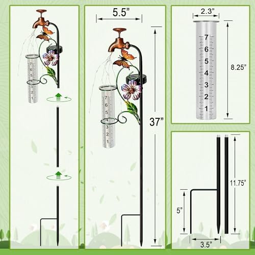 Decorative Rain Gauge Garden Stake with Butterfly and Flower Design, Copper Faucet Style, Metal Garden Decor