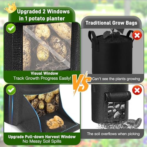 4 Pack Potato Grow Bags 15 Gallon with Harvest & Visible Window Thickened Garden Bags to Grow Vegetables with Handles & Metal Grommets for LST, Fabric Pots for Growing Carrots, Tomatoes, Onions