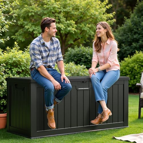 Flamaker 250 Gallon Resin Deck Box, XXL Waterproof Storage Box with Divider