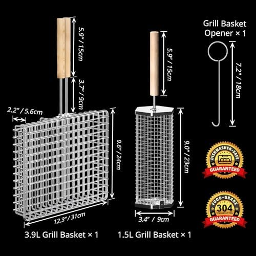 ivtivfu Grill Basket Set, Removable Wooden Handle, Rolling Grilling Tools