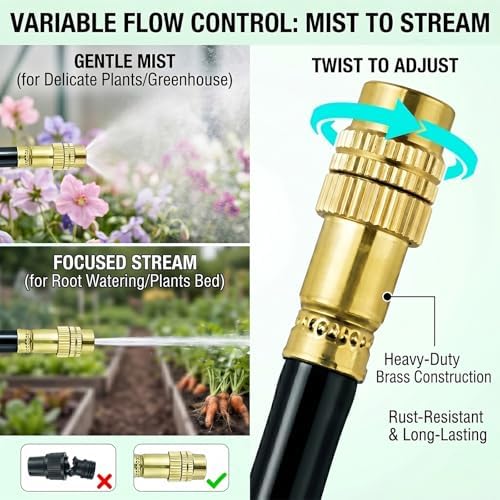 2026-Upgrade 100Ft 1/4" Drip Irrigation System,Garden Watering Kit with 20Pcs 360° Adjustable Copper Nozzles,Automatic Atomizing Sprinkler,DIY for Outdoor,Lawn,Greenhouse,Raised Beds (50FT/14pcs)