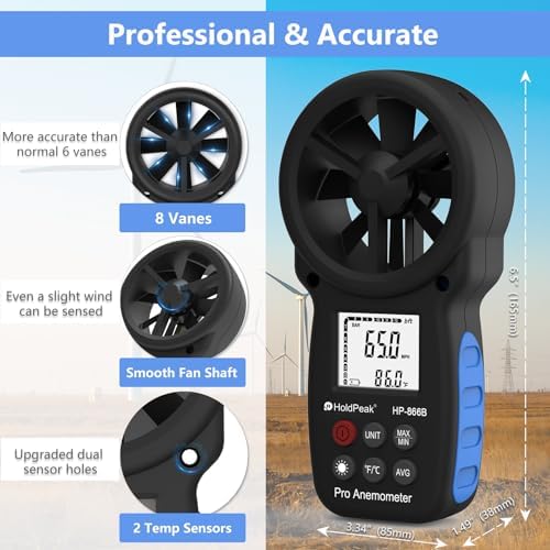 [2 PCS] HoldPeak 866B Handheld Anemometer, Digital Wind Speed Gauge Meter, Air Flow Velocity Temperature CFM Measuring Device for HVAC Outdoor Sailing Shooting Golf