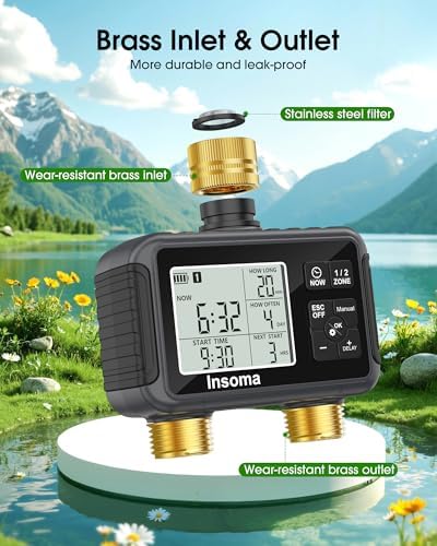 Insoma Water Timer with Brass Inlet & Outlet, 2 Independent Zones Outdoor Hose Timer for Garden Faucet with Auto/Manual/Rain Delay Mode, Sprinkler Irrigation Controller for Yard Lawn