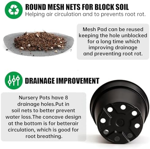 RooTrimmer 50 Pack 6 Inch Nursery Pots, Plastic Flower Pots, Thick Plant Pots with Drainage Hole for Planting Outdoor/Indoor Plants Succulent Herb (Black)