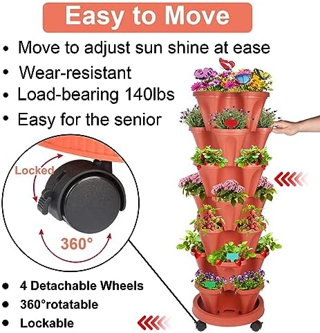 GameXcel Vertical Planter Tower - 7 Tier Stackable Garden Planters with Wheels and Garden Tool Set Plant Pots for Strawberry Herb Flower and Vegetable Indoor Outdoor Use Red