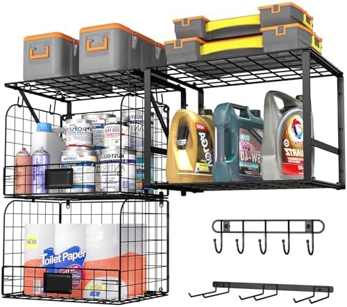 ThreeHio Garage Shelf Wall Mounted with Wire Baskets, Heavy Duty Garage Wall Shelving with Garden Tool Rack and Hooks, Wire Shelf Baskets Tool Organizer for Home Garden Yard Organization and Storage
