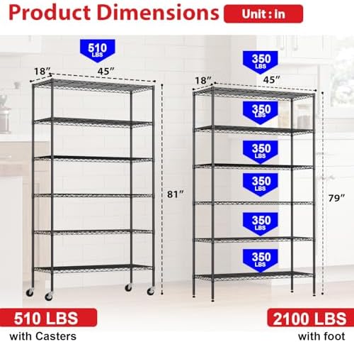 PayLessHere | 6-Tier Wire Shelf with Wheels | 45"x18"x82" | Black