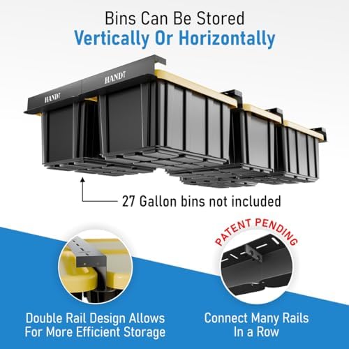 USA Based Overhead Garage Storage Rack, Connectable Heavy Duty Metal Ceiling Rails Garage Storage Organization Shelving System, Hanging Racks Tote Containers, Supports Up To 6 Bins, 4 Sets Black
