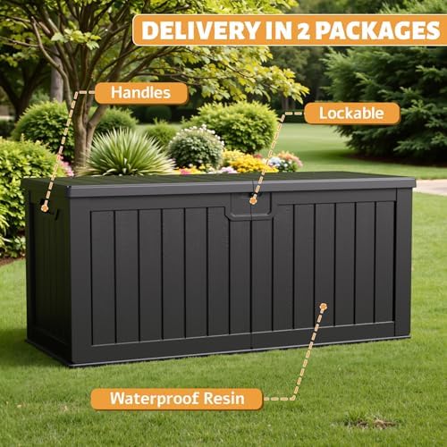 Flamaker 250 Gallon Resin Deck Box, XXL Waterproof Storage Box with Divider