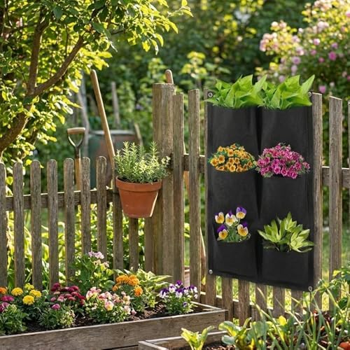 WFIST Vertical Hanging Planter Bag, Breathable Felt Wall Garden Planter with Metal Grommets, Indoor/Outdoor Space-Saving Herb & Flower Growing Pouch (6-Pocket)