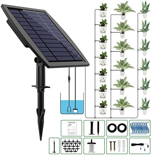 Solar Automatic Drip Irrigation Kit System, JIYANG Solar Powered Auto Easy DIY Watering Device Supported Pots Plants, 12 Timing Modes with Anti-Siphoning Device (Supported 20-30 Pots, 12Timing Modes)