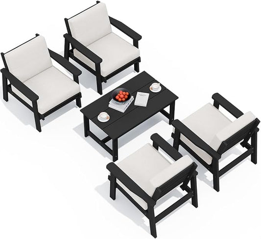SERWALL Outdoor Patio Furniture Set, 5 Piece HDPE Patio Conversation Sets, All-Weather Wood-Like Outdoor Couch Loveseat and Coffee Table with Thick Cushions for Porch Balcony Garden Backyard