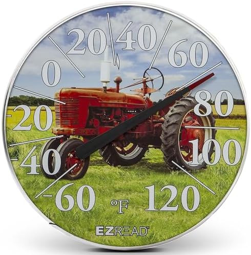 EZREAD Hanging Dial Thermometer 840-1234 Weather Thermometers for Indoor and Outdoor Use, Large 12.5 Inch Diameter, Easy to Read Numbers, Red Tractor