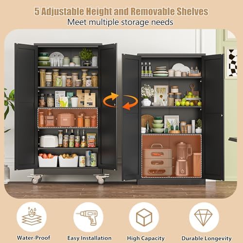 74" H Metal Pantry Storage Locker Cabinet with Wheels,Rolling Kitchen Pantry Cabinet with 2 Doors and 5 Adjustable Shelves, Lockable Steel Garage Tool Cabinet Organization for Home,Gym,School,Black