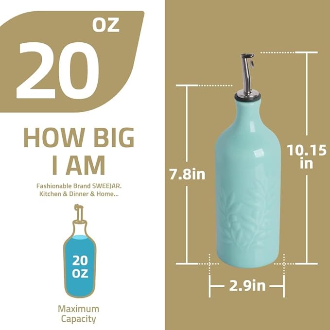 Sweejar Ceramic Olive Oil Dispenser Bottle, 20 Oz Relief Opaque Oil Cruet Protects To Reduce Oxidation, Suitable for Storage Vinegar, Soy Sauce,Liquids,Set of 2 (BeigeFogblue)