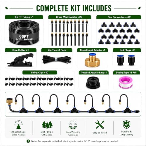 66FT 5/16" Garden Watering Kit with 22 Brass Nozzles