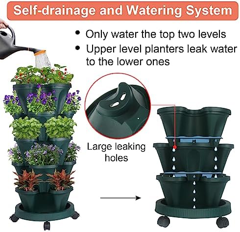 GameXcel Vertical Planter Tower - 5 Tier Stackable Garden Planters with Wheels and Tools Plant Pots for Strawberry Herb Flower and Vegetable Indoor Outdoor Use Green 2 Pack
