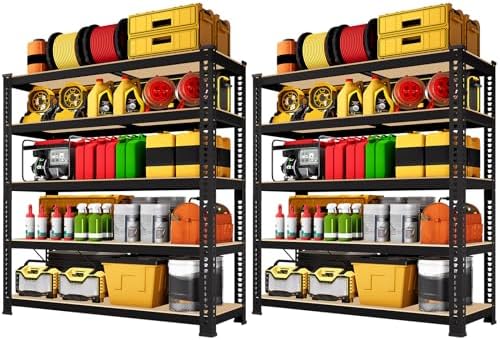 71" H x 35.5" W x 16" D 5-Tier Metal Storage Shelves: Heavy Duty Garage Shelving Adjustable Shelves for Storage - Black Utility Rack Shelf for Pantry, Warehouse, Office, Kitchen, 2PCS