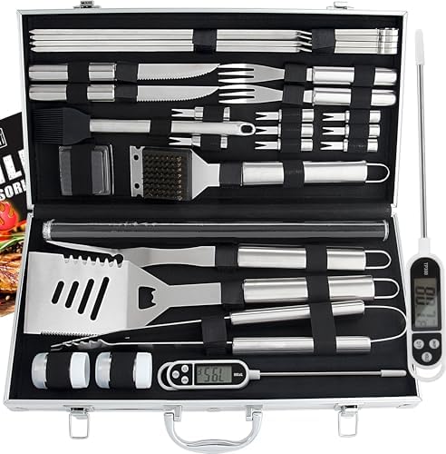 ROMANTICIST 28pcs BBQ Accessories Set with Thermometer - The Very Best Grill Gift on Birthday Wedding - Heavy Duty Stainless Steel Grill Set in Case for Outdoor Cooking Camping Grilling Smoking
