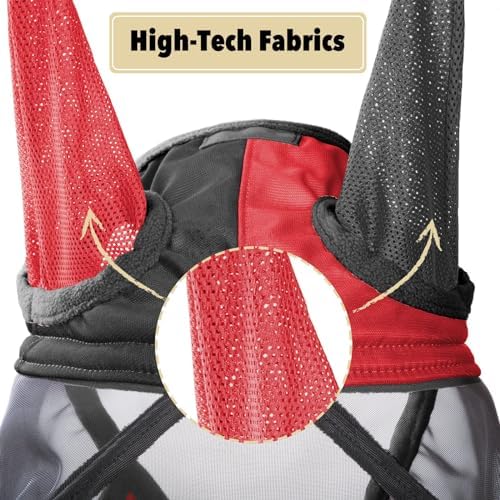 Harrison Howard Pro Luminous Horse Fly Mask Long Nose with Ears UV Protection for Horse Scarlet Red/Black Medium Cob