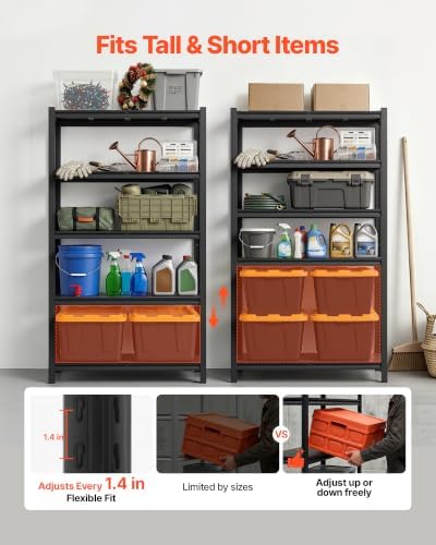 VEVOR Storage Shelves, 5-Tier Adjustable, 3000 lbs Capacity, Heavy Duty Garage Storage Shelving Unit, Metal Utility Rack Shelf, for Garage Warehouse Basement Kitchen, 40.55" W x 18.31" D x 71.38" H