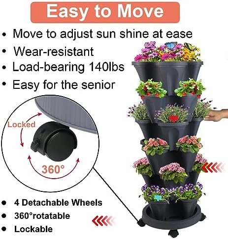 GameXcel Vertical Planter Tower - 6 Tier Stackable Garden Planters with Wheels and Garden Tool Set Plant Pots for Strawberry Herb Flower and Vegetable Indoor Outdoor Use Dark Gray