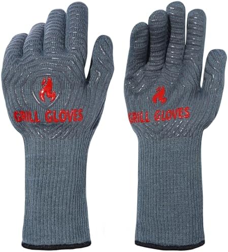 QUWIN BBQ Gloves, Oven Gloves 1472℉ Extreme Heat Resistant, Grilling Gloves Silicone Non-Slip Oven Mitts, Kitchen Gloves for BBQ, Grilling, Cooking, Baking-1 Pair… (Grey, One Size(Long Cuff))