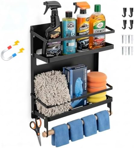 2-Tier Magnetic Shelves, Large Capacity Metal Heavy Duty Magnetic Shelf Organizer with Towel Bar, Heavy Duty Rack Organizer with 10 Hooks for Garage, Kitchen, Bathroom, Laundry